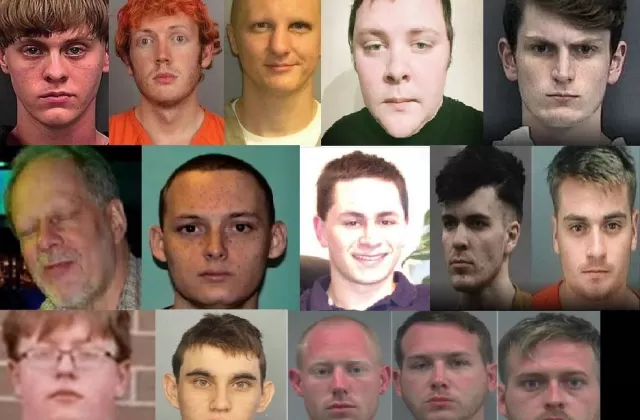 Collage of white male faces (mass shooters).