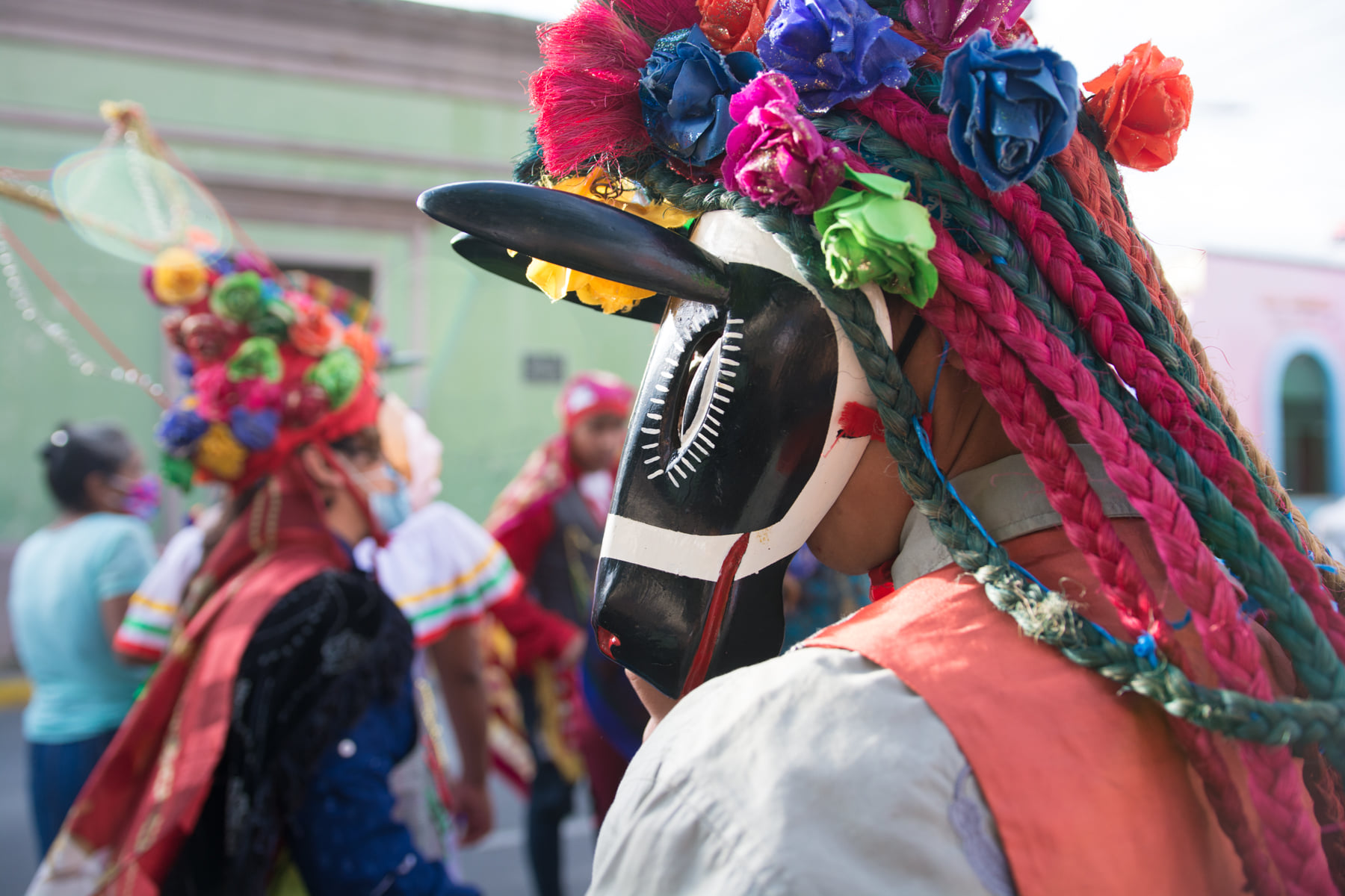 The picture shows a man wearing a black mask that looks like a horse.